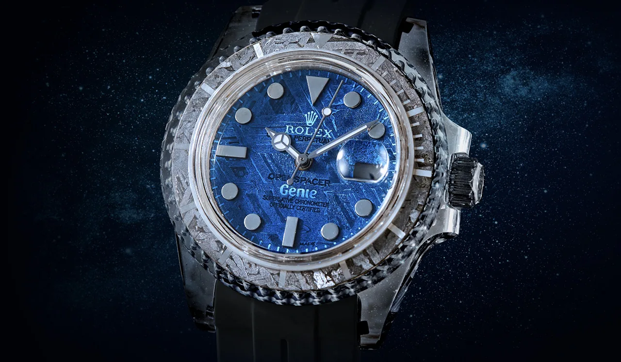 Sapphire watch with blue enameled meteorite dial