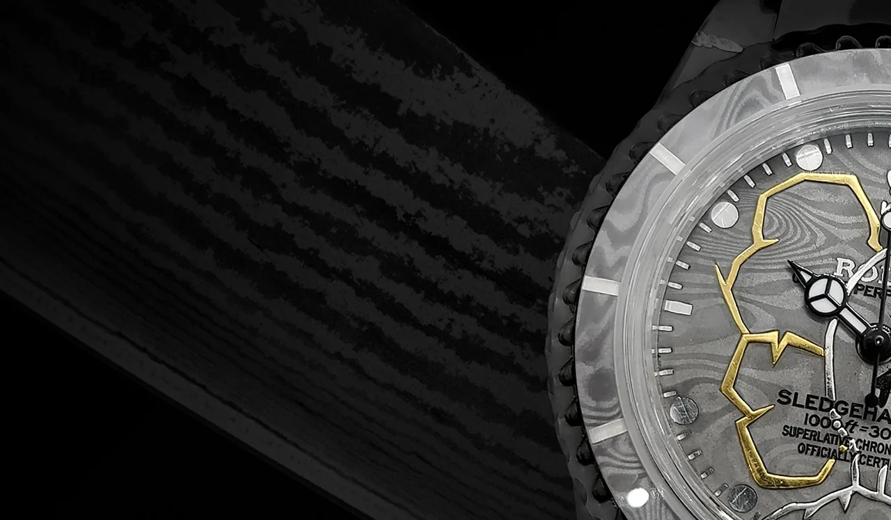 Sapphire watch with engraved Damascus steel dial